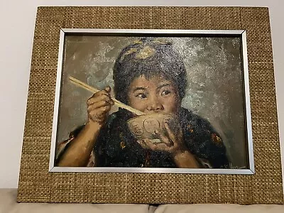 Vintage Oil Painting On Canvas Chinese Girl Eating With A Bowl • $129.99