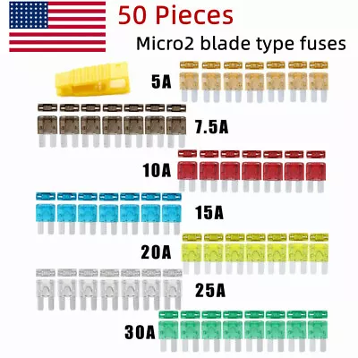 50pcs Micro2 Blade Fuses Assorted Kit Car Truck 30A 25A 20A 15A 10A 7.5A 5A • $9.99