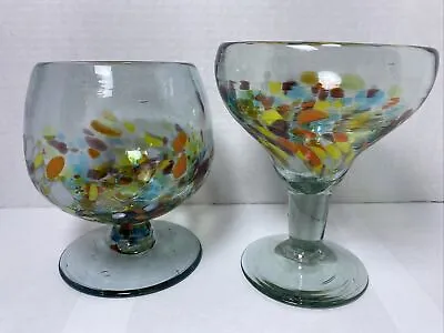 (2) Mexican Glassware Multicolored Confetti Glass Stemmed Drinking Glasses • $31.46