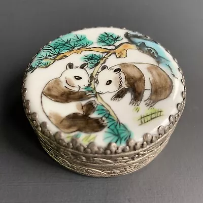 Asian Porcelain Shard Box Trinket Panda Design Green Mirror 2.25” • $24