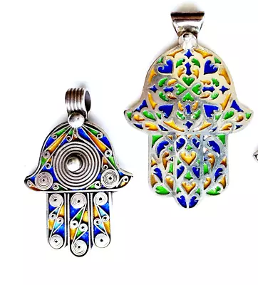 2 Hand Hammered HAMSA PENDANTS - Moroccan Berber - Silver & Colored Enamel • $148