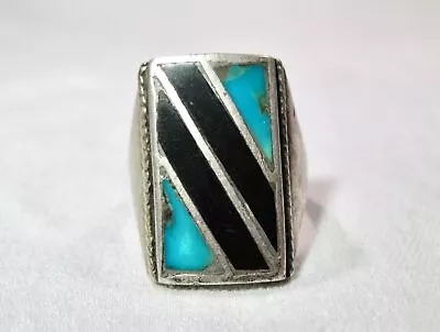 Vintage Handmade Navajo Sterling Turquoise Onyx Inlay Mens Ring Size 10 K906 • $121
