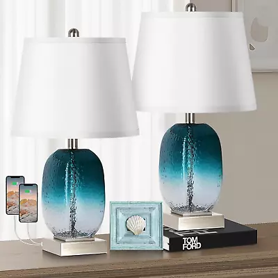 Table Lamp Set Of 2 Touch Control Modern Coastal Teal Glass Bedside Lamp With 2 • $106.42