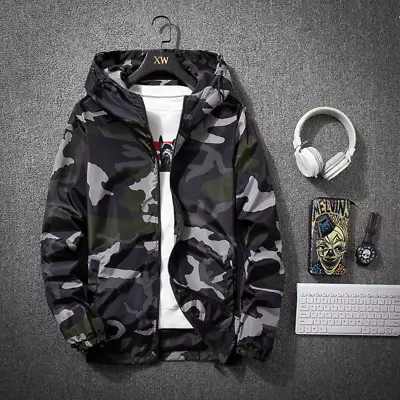 Mens Camo Camouflage Jacket Lightweight Windbreaker Hooded Hoodie Zip Up 5XL • $32.99