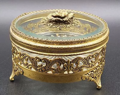 Vintage Globe 24 KT Gold Plated Beveled Glass Vanity Casket Jewelry Trinket Box • $75