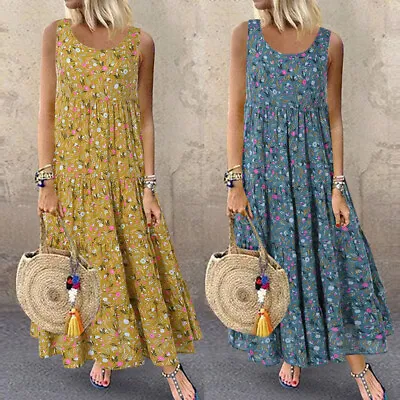 $29.67 • Buy Women Plus Size Casual Loose Sleeveless Floral Daily Linen Print Long Maxi Dress