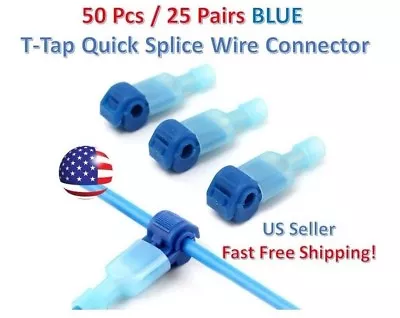 50pc Insulated 16-14 AWG T-Taps Quick Splice Wire Terminal Connectors Kit BLUE • $8.10