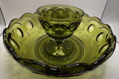 Vintage Green Anchor Hocking Chip And Dip Serving Bowl Dish Beautiful Detailed • $30