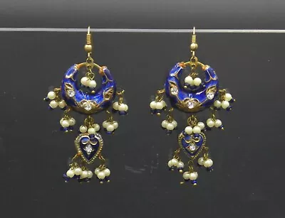 Meenakari Dome Earrings Blue Enamel Rhinestones Faux Pearl Beads Hearts Floral • $16