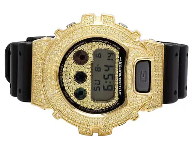 Mens Casio G Shock 6900 Yellow Gold Plated Canary Lab Diamond Watch 5.5 Ct • $299.99