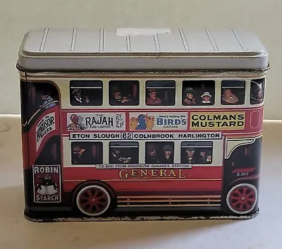 Vintage Double Decker Bus Advertising Tin EMPTY Lidded Storage Box • $8