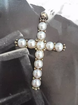 Faux Pearl Silver Cross Pendant Vintage No Chain 2.75 Inch • $36