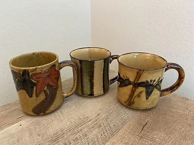 Vintage Coffee Mugs Set Of 3 Ceramic Speckle Glaze Bamboo Floral Stripes Cups • $18