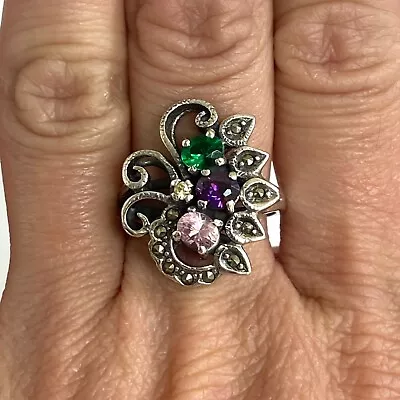 Sterling Silver 925 Multi Colored CZ Marcasite Floral Flower Cluster Ring Sz 8 • $44