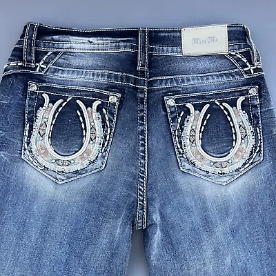 NWOT Miss Me Rhinestone Horseshoe Pockets Skinny Flare Stretch JEANS SZ 26/33 • $55