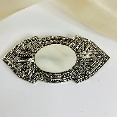 Vintage 80-90's Deco Style Mother Of Pearl Abalone Silver Tone Brooch Pin • $14.99