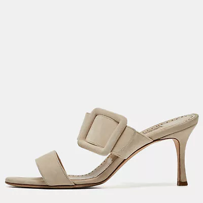 Manolo Blahnik Beige Suede Gable Slide Sandals Size 40 • $358.05