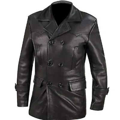 German Coat Double Breasted Leather Peacoat Military Belted Black Leather Jacket • $119.28