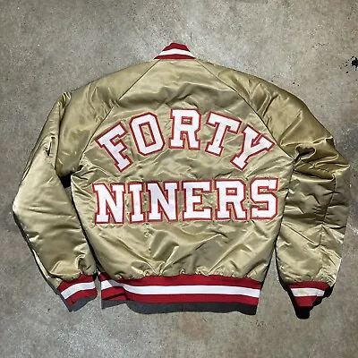 Vintage 80s Gold San Francisco 49ers Line Satin Jacket Chalk Mens Small • $200