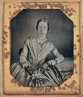 Pretty Young Lady Freckles Holding Fan Lace Gloves 1/6 Plate Daguerreotype S730 • $185