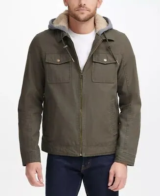 GUESS Men's Canvas Fleece Hood Trucker Jacket 2XL XXL Olive Green • $31.67