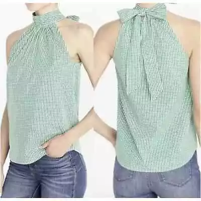 J. CREW Factory Green Gingham Check Tie Back Halter Sleeveless Top Size 4 • $16.64