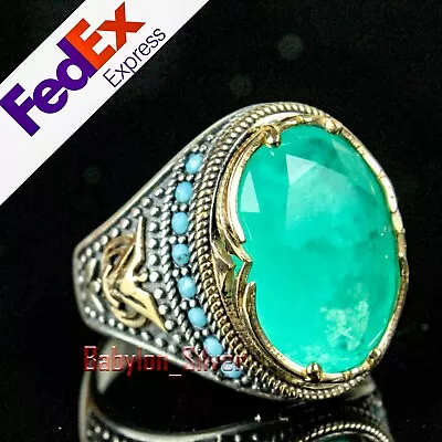 Turkish Handmade 925 Sterling Silver Green Tourmaline Stone Mens Ring All Sizes • £43.34