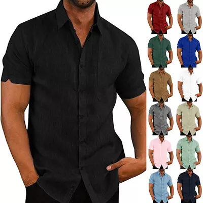 Mens Cotton Linen Shirts Summer Short Sleeve Casual Loose Tops Buttons T-shirt • $19.49