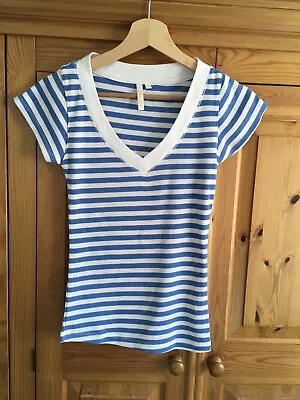 Miss Fiori Short Sleeved Blue & White Striped Tee Shirt Size 12 • £6.95