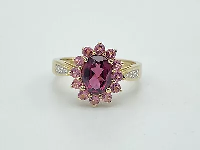 Modern 9ct Gold Garnet Amethyst Diamond Cluster Ring QVC Size O • £175