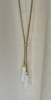 J Crew Signed White Beaded Double Tassel Gold Chain Necklace • $19.19
