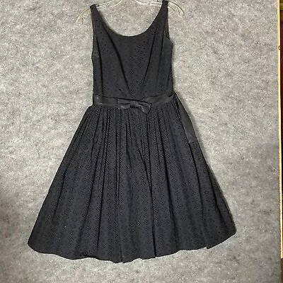 Vintage Tea Dress Black Eyelet Sleeveless Lined Satin Sash And Bow 1950s Lined • $34.97