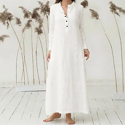 Women's Long Sleeve Casual Plain Kaftan Long Maxi Dress Sundress Plus Size ? • $35.56