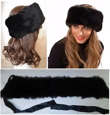 Faux Black Mink Hairband Tie-Back Fur Headband Earmuff - Russian Style Head Wrap • $8.95