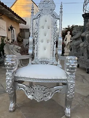 Silver & White Gothic Throne Medieval Style Chair With Lion Head Armrest • $1175