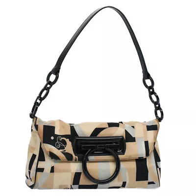 Salvatore Ferragamo Gancini Shoulder Bag Satin Plastic Beige Black Auth 56676 • $244.12