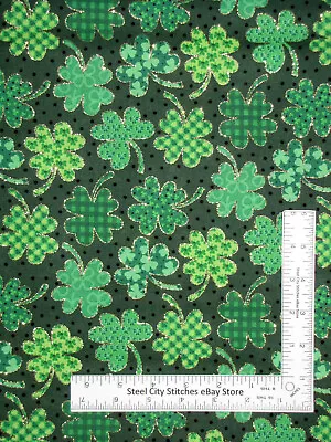 St Patricks Day Fabric Green Shamrock Clovers Gold Cotton Fabric Traditions Yard • $10.98