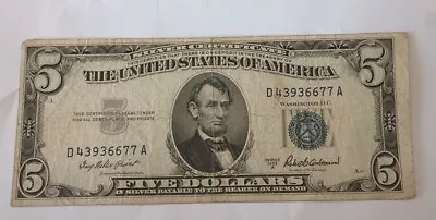 1953 A Blue Seal $5 Dollar SILVER CERTIFICATE US Five Dollar Banknote • $15