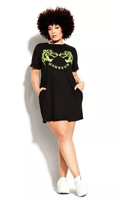 $29.99 • Buy CCX City Chic Plus Size 20 / L Tiger T-shirt Dress Black Neon Green Short Mini