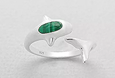 Solid Sterling Silver Green Malachite Dolphin Ring Adjustable Size 9mm Wide 2.6g • $24.26