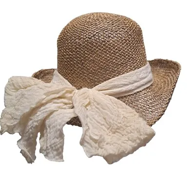 Vintage Straw Hat Beige Ribbon Bow Fedora Style Easter Spring  • $14.95