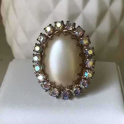 Vintage Luster Pearl Aurora Borealis Crystals Gold Tone Adjustable Ring Size 7 • $35