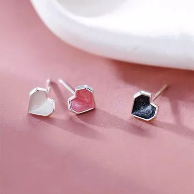 Cute Heart Stud Earrings Women Girls 925 Sterling Silver Jewellery Love Gift UK • £2.99