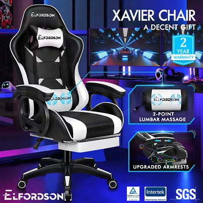 ELFORDSON Gaming Office Chair Racing Massage Leather Computer Seat Footrest • £79.99