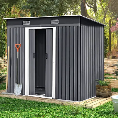 4x6 FT Metal Garden Shed Pent Roof With Free Foundation Base Storage House D • £175.99