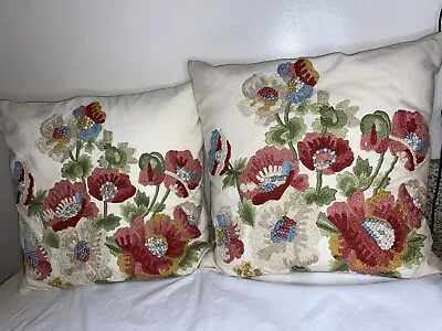 Pottery Barn Embroidered Crewel Floral Pillow Covers With Down Inserts 18 By 18” • $115