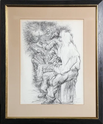 $1200 • Buy Seymour Rosenthal, Men Praying With Menorah, Ink On Paper, Signed