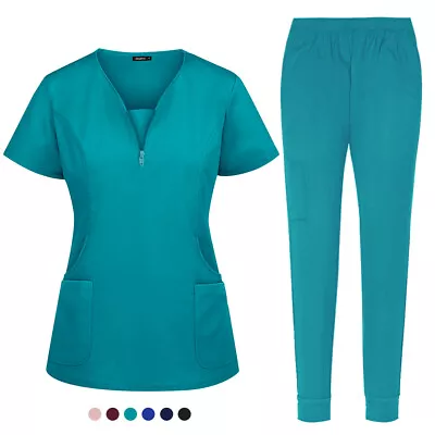 Stretch Scrub Women Solid V-Neck Top Cargo Jogger Pant Medical Nurse Uniform • $16.89