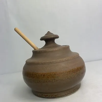 Vintage Honey Pot With Dipper Signed Susan DeMay Brownish Blueish Stripped Hue • $38