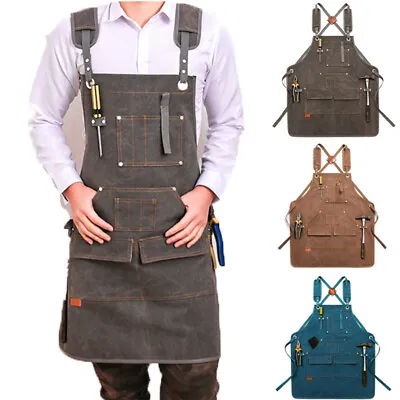 Waxed Canvas Tool Apron Adjustable Workshop Chef Waterproof Woodworking Pockets • $31.99